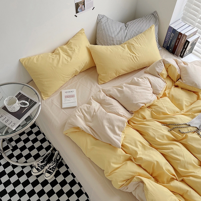 91家纺网 家纺一手货源 找家纺 梵克保罗 2025新款ins风小红书同款纯色双拼水洗棉四件套学生三件套亲肤加厚磨毛四件套混搭系列-单被套单枕套 双拼-炭烤起司