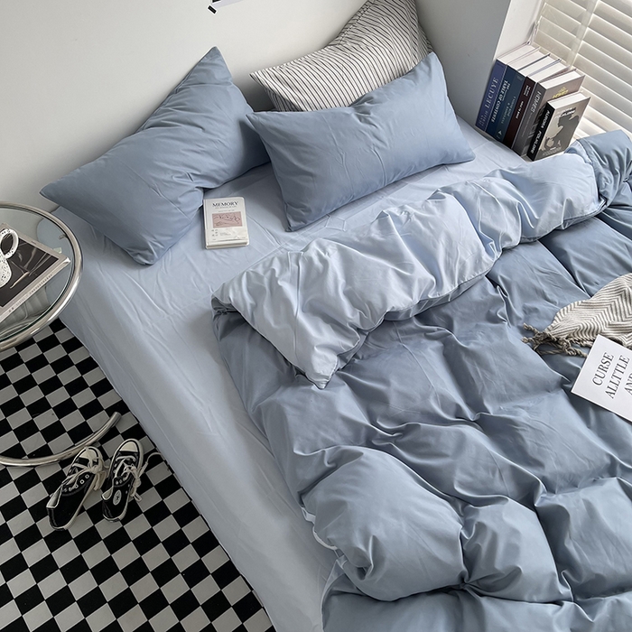 91家纺网 家纺一手货源 找家纺 梵克保罗 2025新款ins风小红书同款纯色双拼水洗棉四件套学生三件套亲肤加厚磨毛四件套混搭系列-单被套单枕套 双拼-月光雾蓝