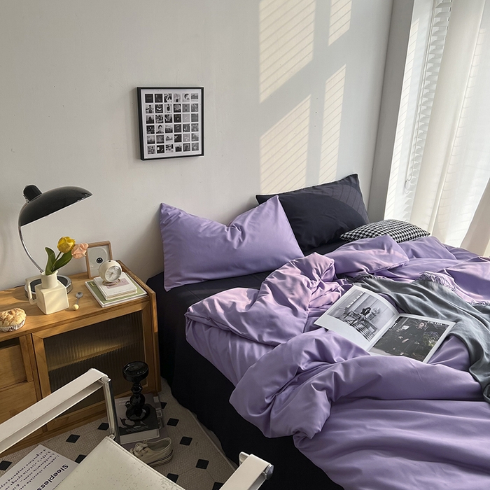91家纺网 家纺一手货源 找家纺 梵克保罗 2025新款ins风小红书同款纯色双拼水洗棉四件套学生三件套亲肤加厚磨毛四件套混搭系列-单被套单枕套 混搭-葡萄紫黑