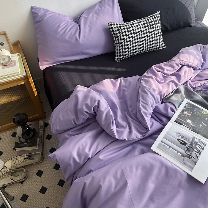 91家纺网 家纺一手货源 找家纺 梵克保罗 2025新款ins风小红书同款纯色双拼水洗棉四件套学生三件套亲肤加厚磨毛四件套混搭系列-单被套单枕套 混搭-葡萄紫黑