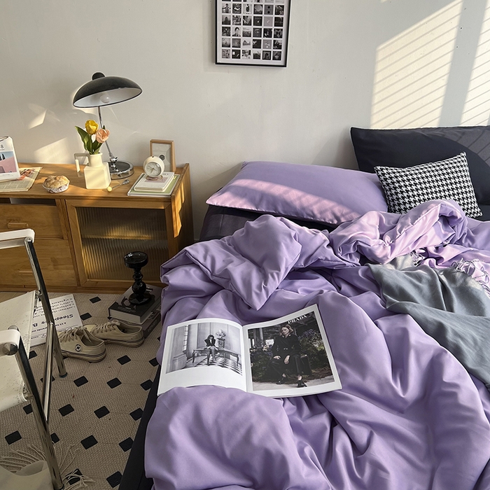 91家纺网 家纺一手货源 找家纺 梵克保罗 2025新款ins风小红书同款纯色双拼水洗棉四件套学生三件套亲肤加厚磨毛四件套混搭系列-单被套单枕套 混搭-葡萄紫黑