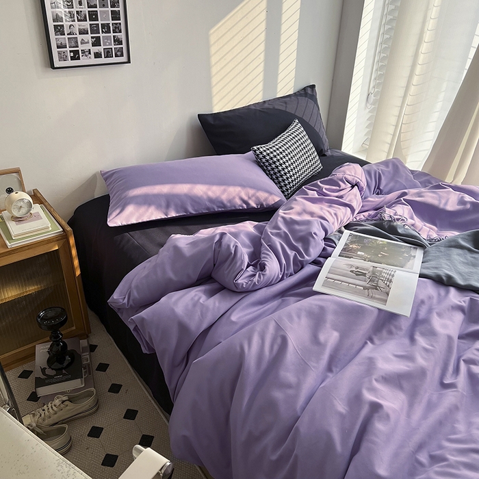 91家纺网 家纺一手货源 找家纺 梵克保罗 2025新款ins风小红书同款纯色双拼水洗棉四件套学生三件套亲肤加厚磨毛四件套混搭系列-单被套单枕套 混搭-葡萄紫黑