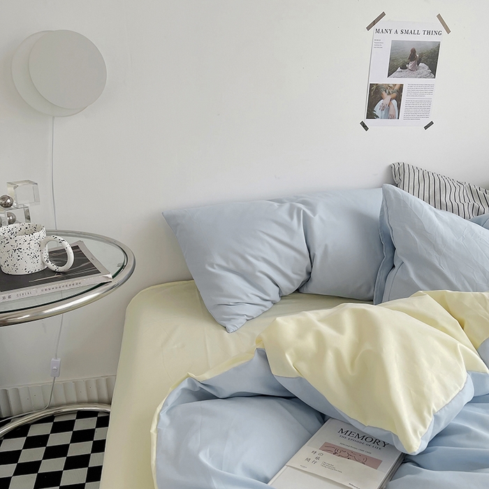 91家纺网 家纺一手货源 找家纺 梵克保罗 2025新款ins风小红书同款纯色双拼水洗棉四件套学生三件套亲肤加厚磨毛四件套混搭系列-单被套单枕套 双拼-浅蓝芝士