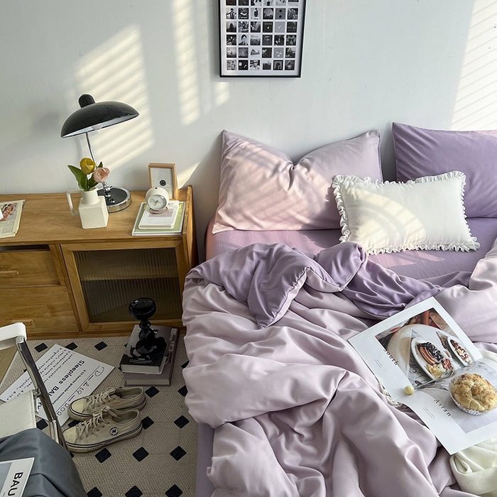 91家纺网 家纺一手货源 找家纺 梵克保罗 2025新款ins风小红书同款纯色双拼水洗棉四件套学生三件套亲肤加厚磨毛四件套混搭系列-单被套单枕套 双拼-紫薯芋泥