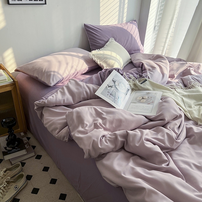 91家纺网 家纺一手货源 找家纺 梵克保罗 2025新款ins风小红书同款纯色双拼水洗棉四件套学生三件套亲肤加厚磨毛四件套混搭系列-单被套单枕套 双拼-紫薯芋泥