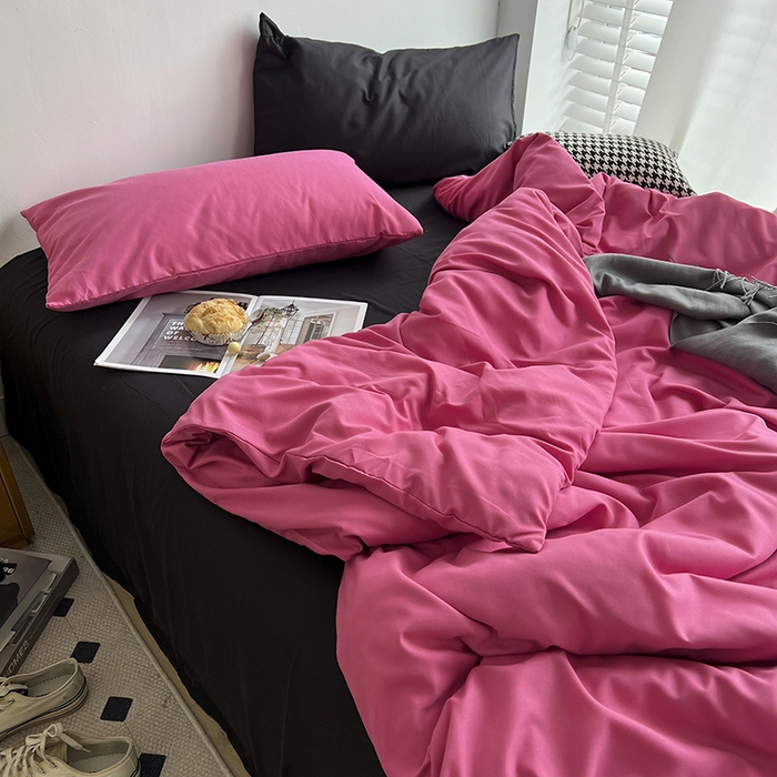 91家纺网 家纺一手货源 找家纺 梵克保罗 2025新款ins风小红书同款纯色双拼水洗棉四件套学生三件套亲肤加厚磨毛四件套混搭系列-单被套单枕套 混搭-树莓粉黑