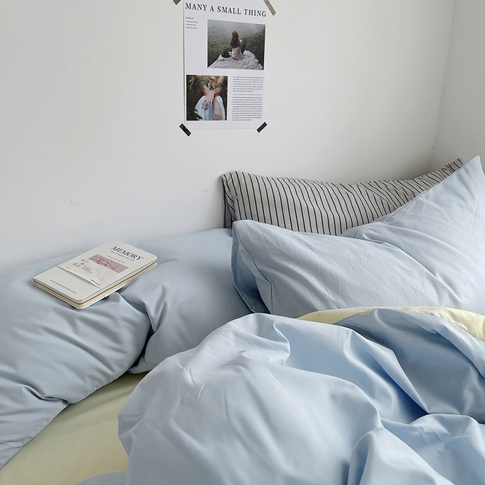 91家纺网 家纺一手货源 找家纺 梵克保罗 2025新款ins风小红书同款纯色双拼水洗棉四件套学生三件套亲肤加厚磨毛四件套混搭系列-单被套单枕套 双拼-浅蓝芝士