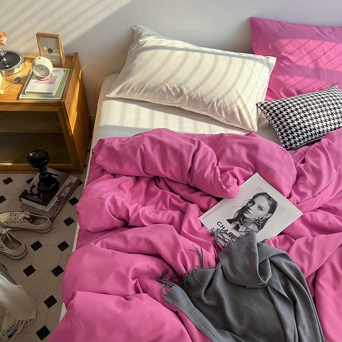 91家纺网 家纺一手货源 找家纺 梵克保罗 2025新款ins风小红书同款纯色双拼水洗棉四件套学生三件套亲肤加厚磨毛四件套混搭系列-单被套单枕套 双拼-慕斯玫瑰