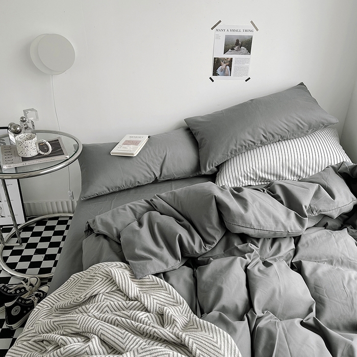 91家纺网 家纺一手货源 找家纺 梵克保罗 2025新款ins风小红书同款纯色双拼水洗棉四件套学生三件套亲肤加厚磨毛四件套混搭系列-单被套单枕套 纯色深灰