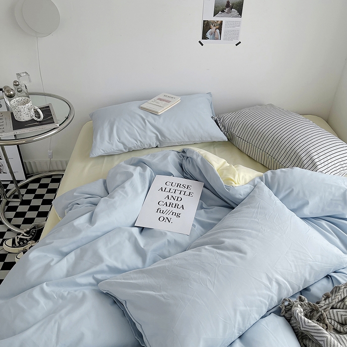 91家纺网 家纺一手货源 找家纺 梵克保罗 2025新款ins风小红书同款纯色双拼水洗棉四件套学生三件套亲肤加厚磨毛四件套混搭系列-单被套单枕套 双拼-浅蓝芝士