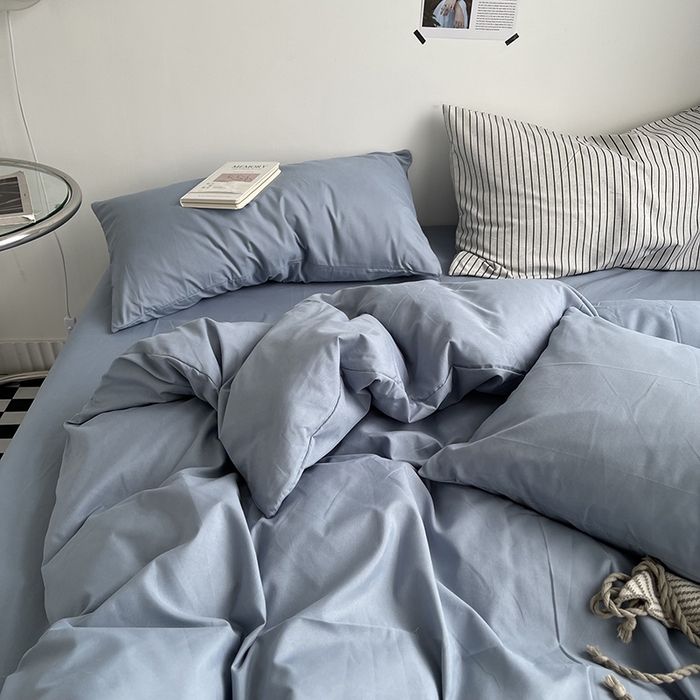91家纺网 家纺一手货源 找家纺 梵克保罗 2025新款ins风小红书同款纯色双拼水洗棉四件套学生三件套亲肤加厚磨毛四件套混搭系列-单被套单枕套 纯色雾蓝