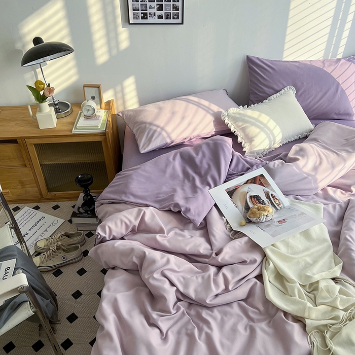 91家纺网 家纺一手货源 找家纺 梵克保罗 2025新款ins风小红书同款纯色双拼水洗棉四件套学生三件套亲肤加厚磨毛四件套混搭系列-单被套单枕套 双拼-紫薯芋泥