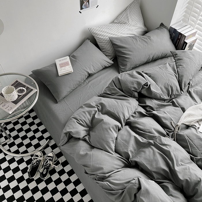 91家纺网 家纺一手货源 找家纺 梵克保罗 2025新款ins风小红书同款纯色双拼水洗棉四件套学生三件套亲肤加厚磨毛四件套混搭系列-单被套单枕套 纯色深灰