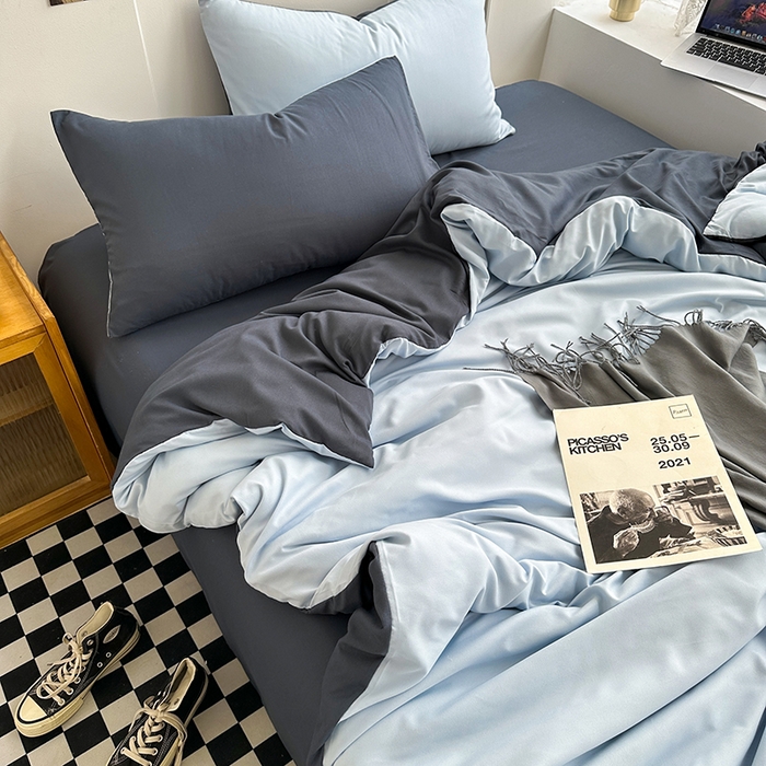 91家纺网 家纺一手货源 找家纺 梵克保罗 2025新款ins风小红书同款纯色双拼水洗棉四件套学生三件套亲肤加厚磨毛四件套混搭系列-单被套单枕套 双拼-海蓝灰