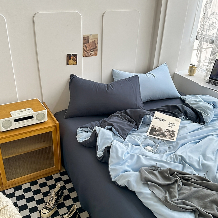 91家纺网 家纺一手货源 找家纺 梵克保罗 2025新款ins风小红书同款纯色双拼水洗棉四件套学生三件套亲肤加厚磨毛四件套混搭系列-单被套单枕套 双拼-海蓝灰