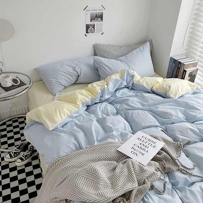 91家纺网 家纺一手货源 找家纺 梵克保罗 2025新款ins风小红书同款纯色双拼水洗棉四件套学生三件套亲肤加厚磨毛四件套混搭系列-单被套单枕套 双拼-浅蓝芝士