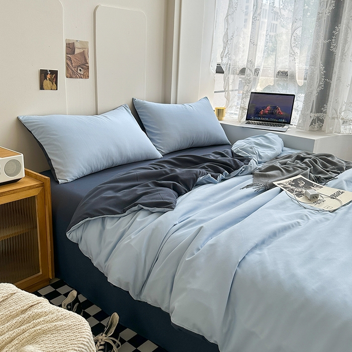 91家纺网 家纺一手货源 找家纺 梵克保罗 2025新款ins风小红书同款纯色双拼水洗棉四件套学生三件套亲肤加厚磨毛四件套混搭系列-单被套单枕套 双拼-海蓝灰