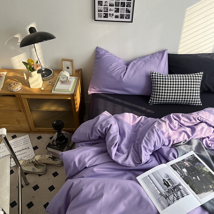 91家纺网 家纺一手货源 找家纺 梵克保罗 2025新款ins风小红书同款纯色双拼水洗棉四件套学生三件套亲肤加厚磨毛四件套混搭系列-单被套单枕套 混搭-葡萄紫黑