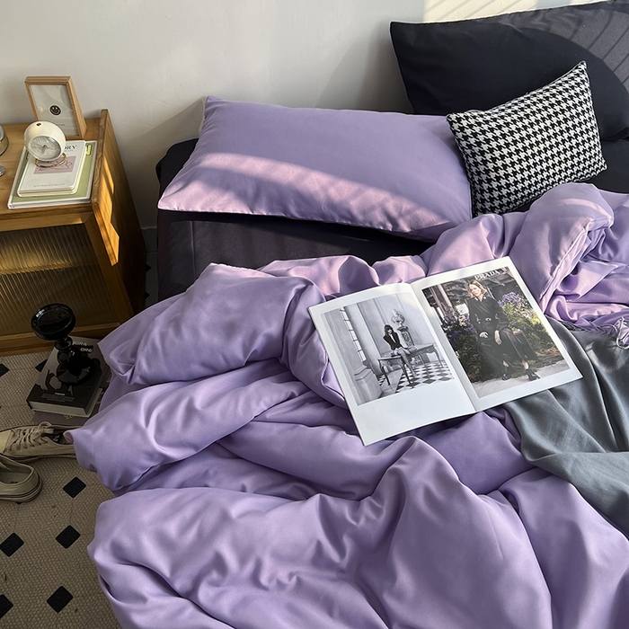 91家纺网 家纺一手货源 找家纺 梵克保罗 2025新款ins风小红书同款纯色双拼水洗棉四件套学生三件套亲肤加厚磨毛四件套混搭系列-单被套单枕套 混搭-葡萄紫黑