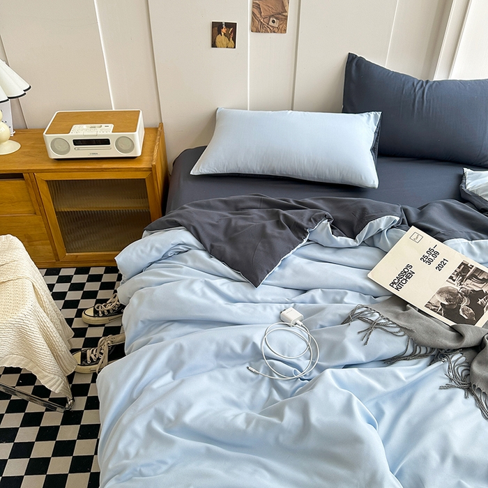 91家纺网 家纺一手货源 找家纺 梵克保罗 2025新款ins风小红书同款纯色双拼水洗棉四件套学生三件套亲肤加厚磨毛四件套混搭系列-单被套单枕套 双拼-海蓝灰