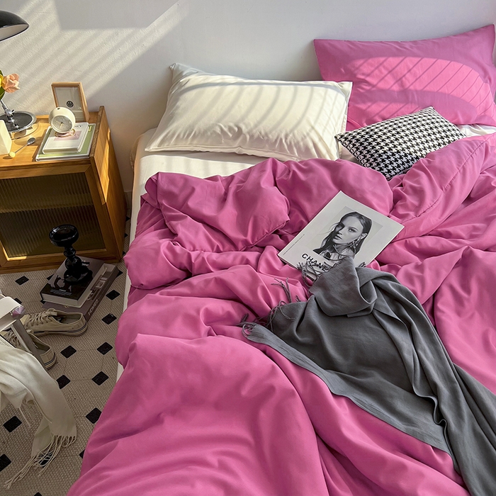 91家纺网 家纺一手货源 找家纺 梵克保罗 2025新款ins风小红书同款纯色双拼水洗棉四件套学生三件套亲肤加厚磨毛四件套混搭系列-单被套单枕套 双拼-慕斯玫瑰