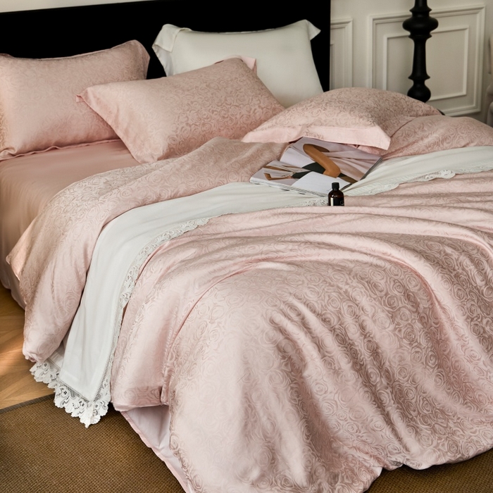 91家纺网 家纺一手货源 找家纺 梵克保罗 2025春夏新款新款纯色LF兰精天丝莱赛尔四件套 玫瑰粉