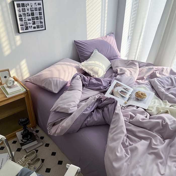 91家纺网 家纺一手货源 找家纺 梵克保罗 2025新款ins风小红书同款纯色双拼水洗棉四件套学生三件套亲肤加厚磨毛四件套混搭系列-单被套单枕套 双拼-紫薯芋泥