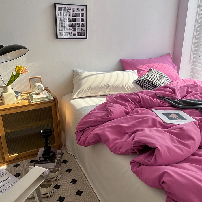 91家纺网 家纺一手货源 找家纺 梵克保罗 2025新款ins风小红书同款纯色双拼水洗棉四件套学生三件套亲肤加厚磨毛四件套混搭系列-单被套单枕套 双拼-慕斯玫瑰