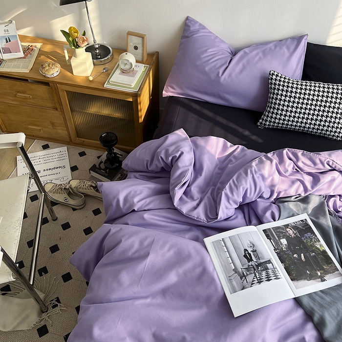91家纺网 家纺一手货源 找家纺 梵克保罗 2025新款ins风小红书同款纯色双拼水洗棉四件套学生三件套亲肤加厚磨毛四件套混搭系列-单被套单枕套 混搭-葡萄紫黑