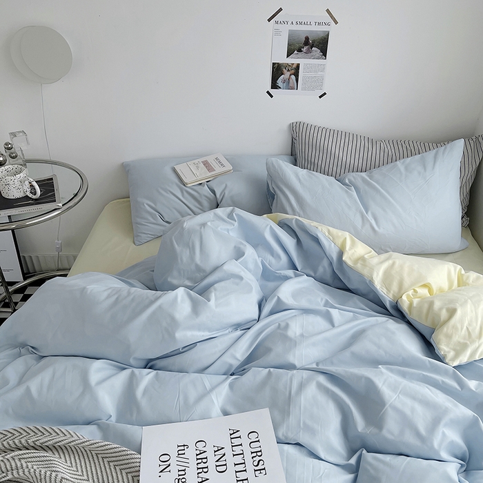 91家纺网 家纺一手货源 找家纺 梵克保罗 2025新款ins风小红书同款纯色双拼水洗棉四件套学生三件套亲肤加厚磨毛四件套混搭系列-单被套单枕套 双拼-浅蓝芝士