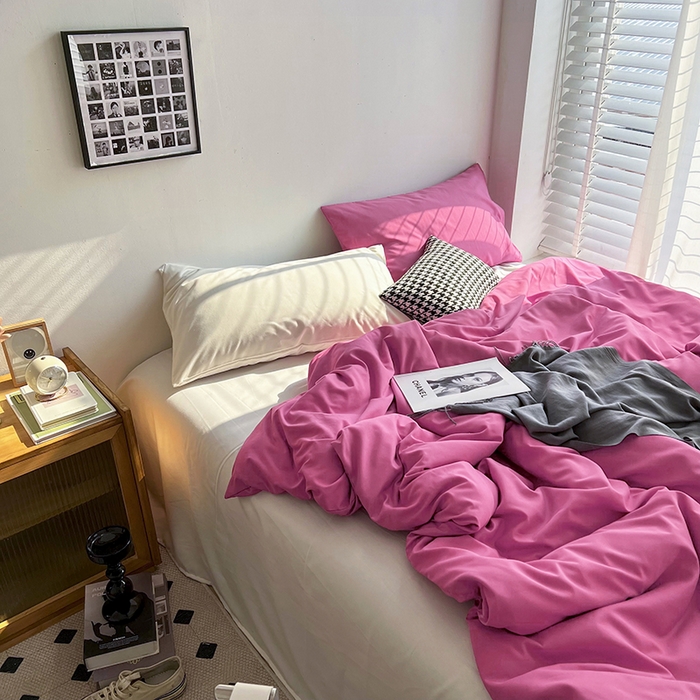91家纺网 家纺一手货源 找家纺 梵克保罗 2025新款ins风小红书同款纯色双拼水洗棉四件套学生三件套亲肤加厚磨毛四件套混搭系列-单被套单枕套 双拼-慕斯玫瑰