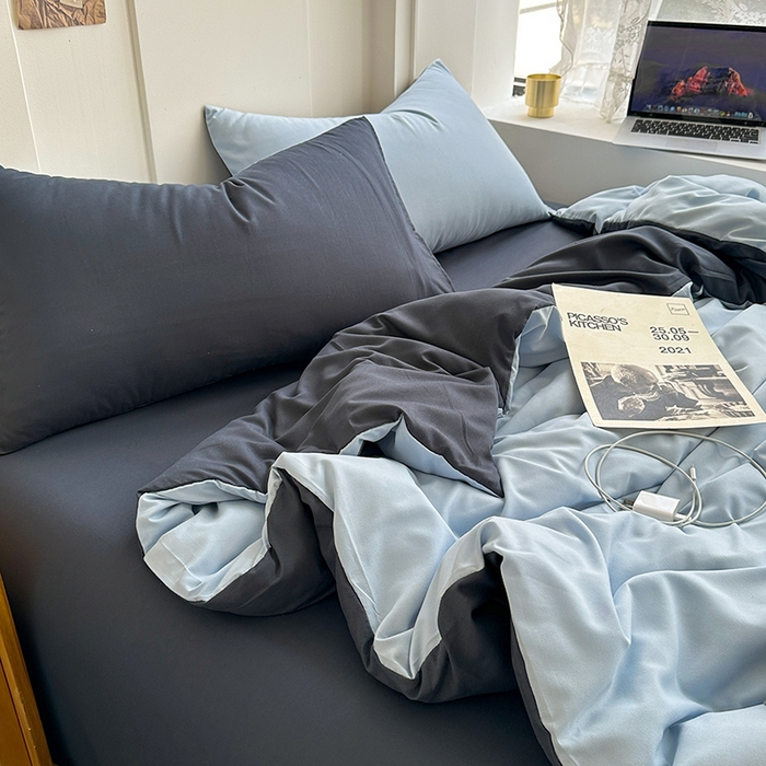 91家纺网 家纺一手货源 找家纺 梵克保罗 2025新款ins风小红书同款纯色双拼水洗棉四件套学生三件套亲肤加厚磨毛四件套混搭系列-单被套单枕套 双拼-海蓝灰