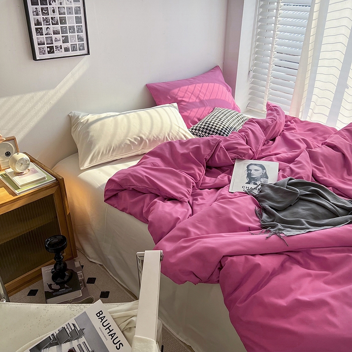 91家纺网 家纺一手货源 找家纺 梵克保罗 2025新款ins风小红书同款纯色双拼水洗棉四件套学生三件套亲肤加厚磨毛四件套混搭系列-单被套单枕套 双拼-慕斯玫瑰