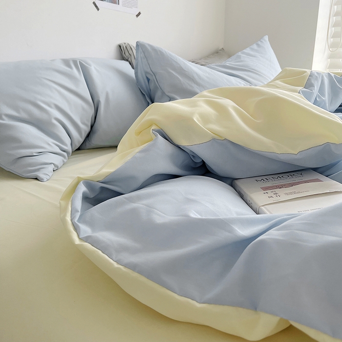 91家纺网 家纺一手货源 找家纺 梵克保罗 2025新款ins风小红书同款纯色双拼水洗棉四件套学生三件套亲肤加厚磨毛四件套混搭系列-单被套单枕套 双拼-浅蓝芝士