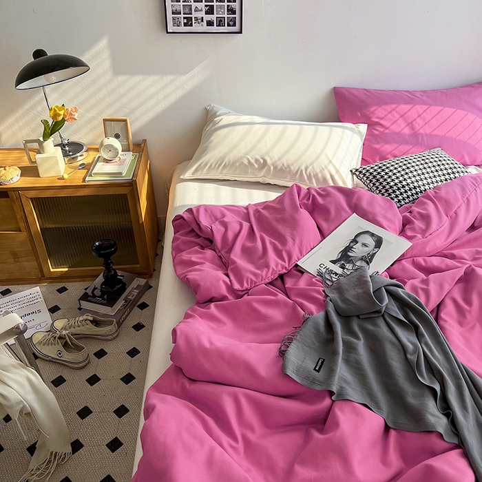 91家纺网 家纺一手货源 找家纺 梵克保罗 2025新款ins风小红书同款纯色双拼水洗棉四件套学生三件套亲肤加厚磨毛四件套混搭系列-单被套单枕套 双拼-慕斯玫瑰