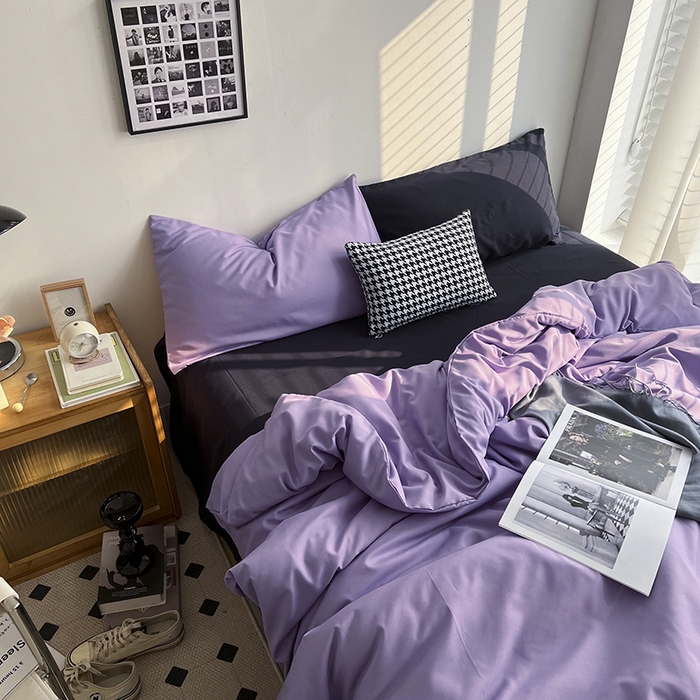 91家纺网 家纺一手货源 找家纺 梵克保罗 2025新款ins风小红书同款纯色双拼水洗棉四件套学生三件套亲肤加厚磨毛四件套混搭系列-单被套单枕套 混搭-葡萄紫黑