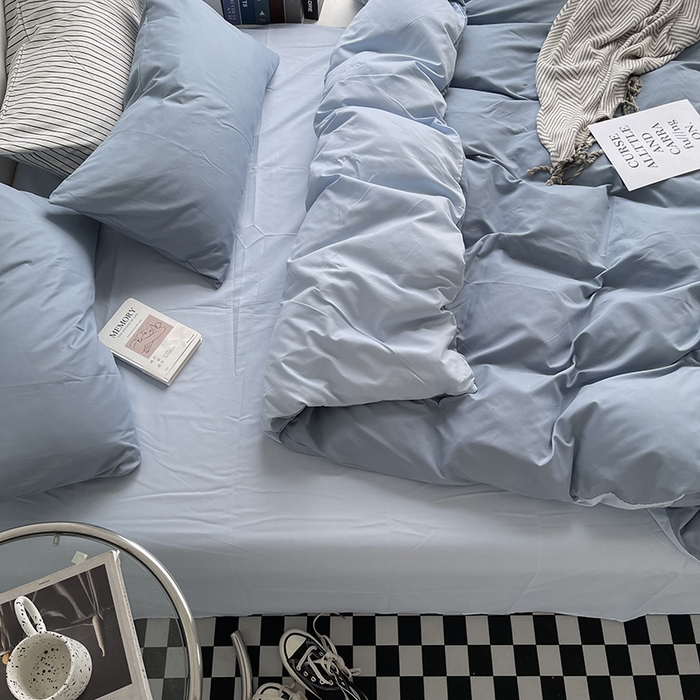 91家纺网 家纺一手货源 找家纺 梵克保罗 2025新款ins风小红书同款纯色双拼水洗棉四件套学生三件套亲肤加厚磨毛四件套混搭系列-单被套单枕套 双拼-月光雾蓝