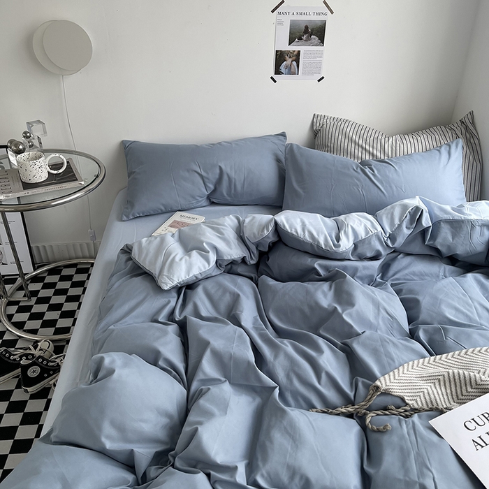 91家纺网 家纺一手货源 找家纺 梵克保罗 2025新款ins风小红书同款纯色双拼水洗棉四件套学生三件套亲肤加厚磨毛四件套混搭系列-单被套单枕套 双拼-月光雾蓝
