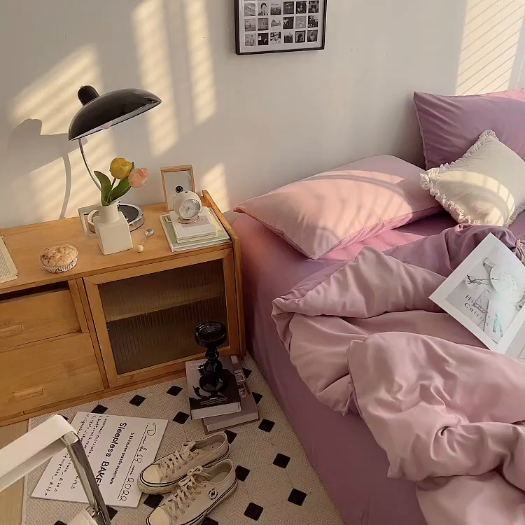 91家纺网 家纺一手货源 找家纺 梵克保罗 2025新款ins风小红书同款纯色双拼水洗棉四件套学生三件套亲肤加厚磨毛四件套混搭系列-单被套单枕套 双拼-紫薯芋泥