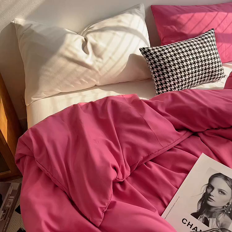91家纺网 家纺一手货源 找家纺 梵克保罗 2025新款ins风小红书同款纯色双拼水洗棉四件套学生三件套亲肤加厚磨毛四件套混搭系列-单被套单枕套 双拼-慕斯玫瑰