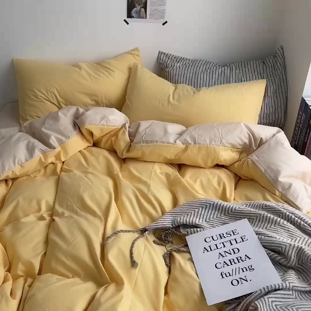 91家纺网 家纺一手货源 找家纺 梵克保罗 2025新款ins风小红书同款纯色双拼水洗棉四件套学生三件套亲肤加厚磨毛四件套混搭系列-单被套单枕套 双拼-炭烤起司