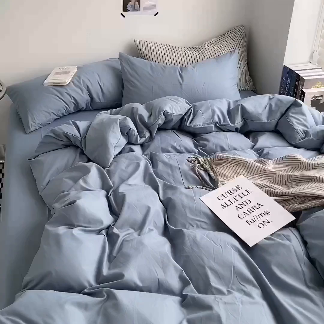 91家纺网 家纺一手货源 找家纺 梵克保罗 2025新款ins风小红书同款纯色双拼水洗棉四件套学生三件套亲肤加厚磨毛四件套混搭系列-单被套单枕套 纯色雾蓝