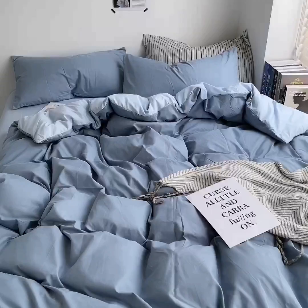 91家纺网 家纺一手货源 找家纺 梵克保罗 2025新款ins风小红书同款纯色双拼水洗棉四件套学生三件套亲肤加厚磨毛四件套混搭系列-单被套单枕套 双拼-月光雾蓝