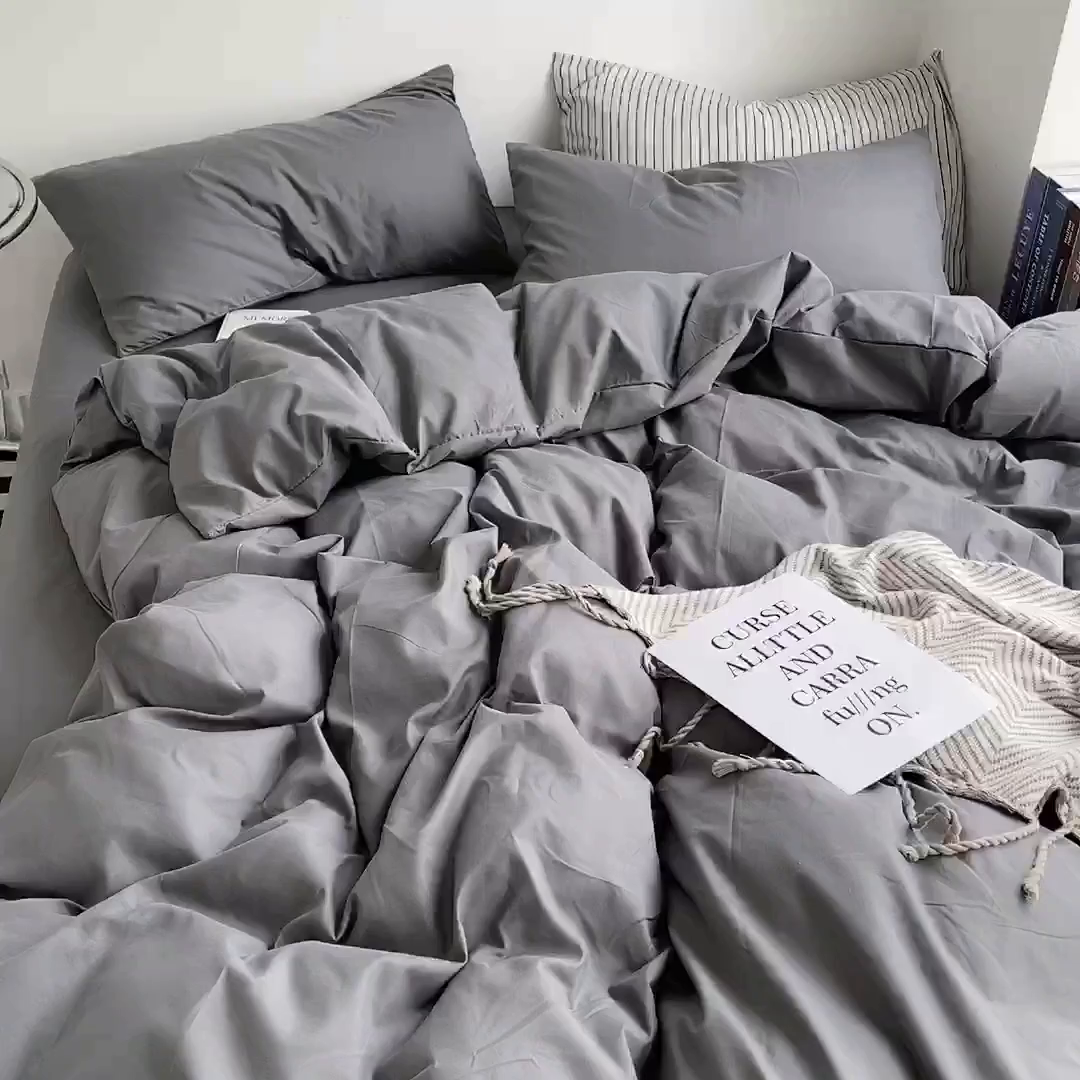 91家纺网 家纺一手货源 找家纺 梵克保罗 2025新款ins风小红书同款纯色双拼水洗棉四件套学生三件套亲肤加厚磨毛四件套混搭系列-单被套单枕套 纯色深灰