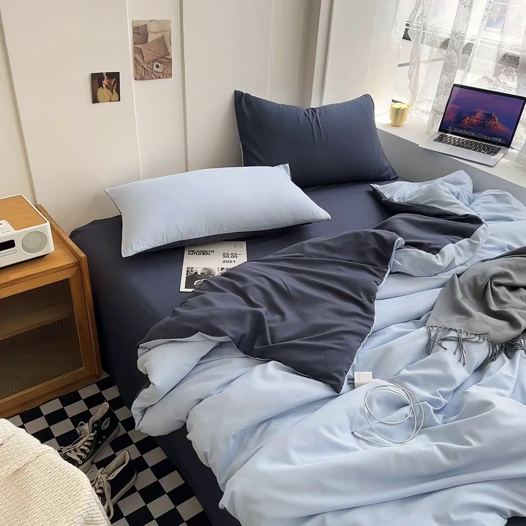 91家纺网 家纺一手货源 找家纺 梵克保罗 2025新款ins风小红书同款纯色双拼水洗棉四件套学生三件套亲肤加厚磨毛四件套混搭系列-单被套单枕套 双拼-海蓝灰
