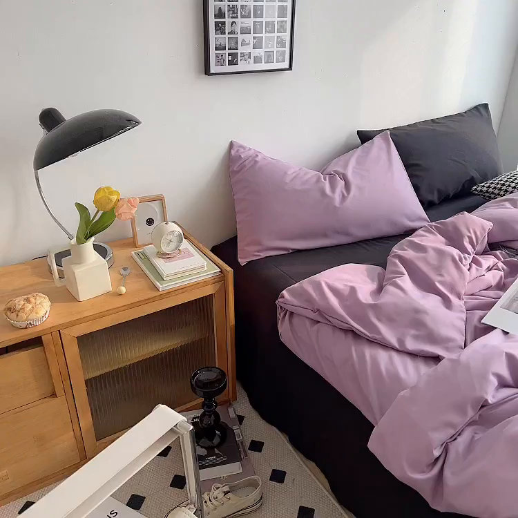 91家纺网 家纺一手货源 找家纺 梵克保罗 2025新款ins风小红书同款纯色双拼水洗棉四件套学生三件套亲肤加厚磨毛四件套混搭系列-单被套单枕套 混搭-葡萄紫黑