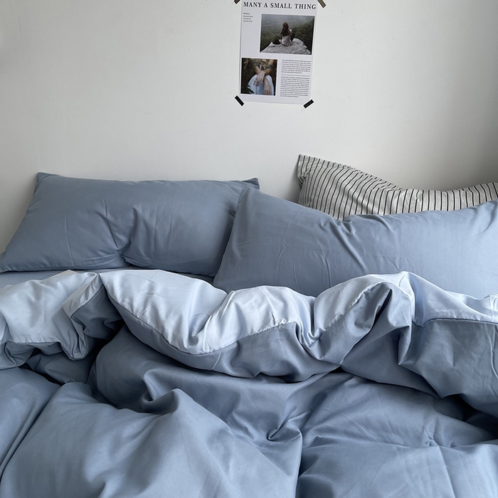 91家纺网 家纺一手货源 找家纺 梵克保罗 2025新款ins风小红书同款纯色双拼水洗棉四件套学生三件套亲肤加厚磨毛四件套混搭系列-单被套单枕套 双拼-月光雾蓝