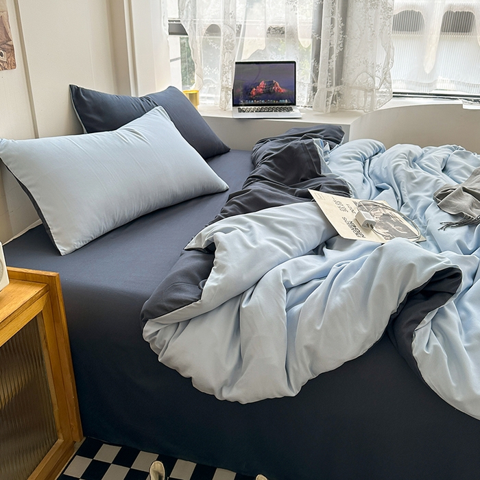 91家纺网 家纺一手货源 找家纺 梵克保罗 2025新款ins风小红书同款纯色双拼水洗棉四件套学生三件套亲肤加厚磨毛四件套混搭系列-单被套单枕套 双拼-海蓝灰