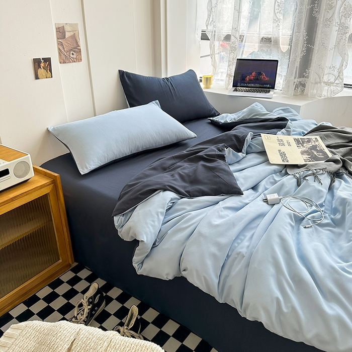91家纺网 家纺一手货源 找家纺 梵克保罗 2025新款ins风小红书同款纯色双拼水洗棉四件套学生三件套亲肤加厚磨毛四件套混搭系列-单被套单枕套 双拼-海蓝灰