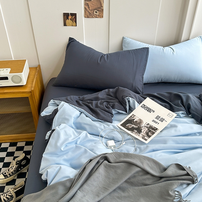91家纺网 家纺一手货源 找家纺 梵克保罗 2025新款ins风小红书同款纯色双拼水洗棉四件套学生三件套亲肤加厚磨毛四件套混搭系列-单被套单枕套 双拼-海蓝灰